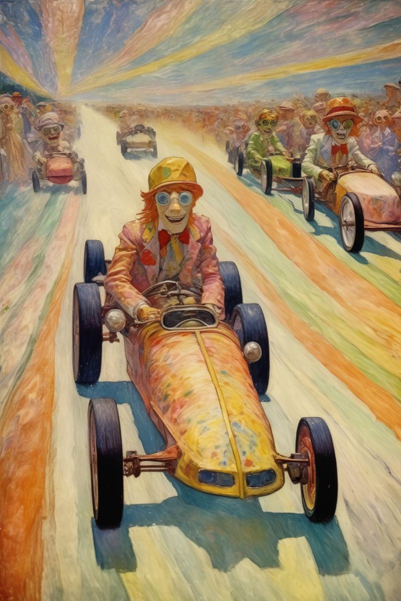 00293-3194425276-_lora_Maurice Prendergast Style_1_Maurice Prendergast Style - Impressionist portrait of LSD wizards drag racing in 1971.png